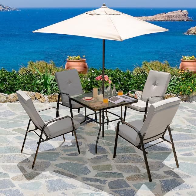 Outdoor Patio Table with Umbrella Hole, 32 Inches Tempered Glass Top Square Patio Table,Conversation Coffee Table Metal Steel Frame All-Weather Furniture for Balcony, Backyard and Poolside