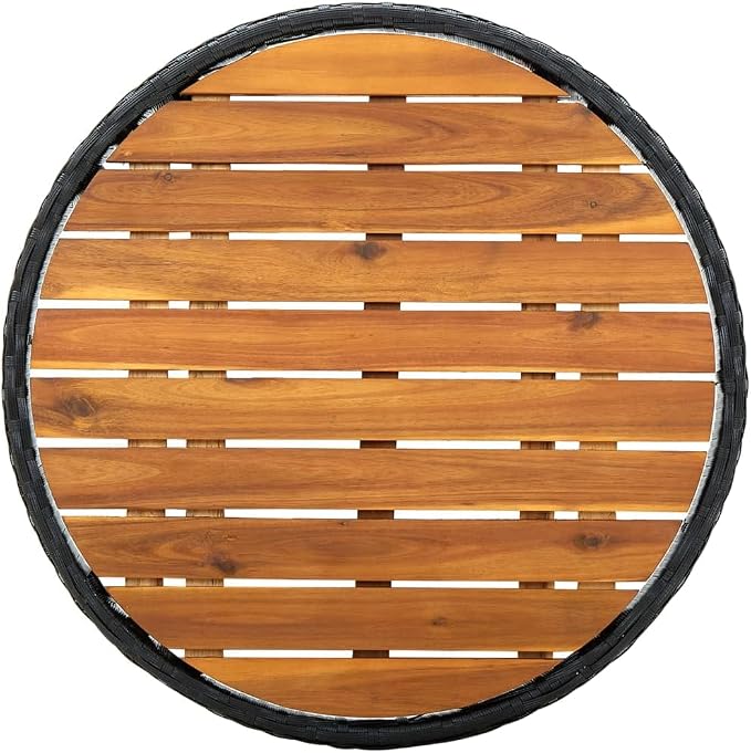 Black PE Rattan Round Folding Tea Table Solid Acacia Wood Compact Foldable Outdoor Indoor Use Rustic Style Balcony Garden Furniture