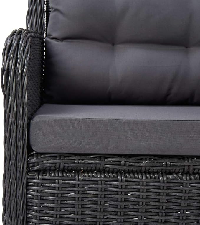 9pc Patio Dining Set Black/Dark Grey 78.7 Acacia Top PE Rattan Chairs 2 Sun Loungers Powder-Coated Steel Seats 8