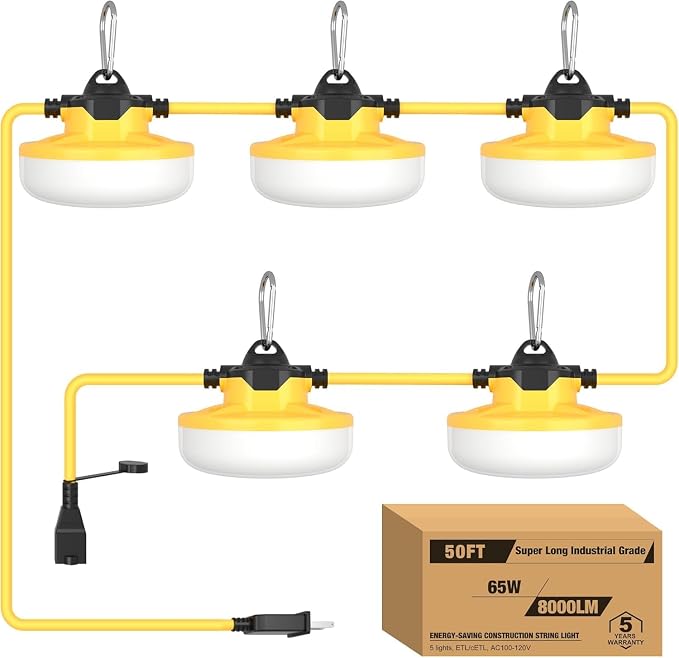YXL 50FT 8000LM Construction String Lights, 65W Industrial String Work Lights, IP65 Waterproof Super Bright for Construction Sites Temporary Work Jobsites Outdoor Lighting