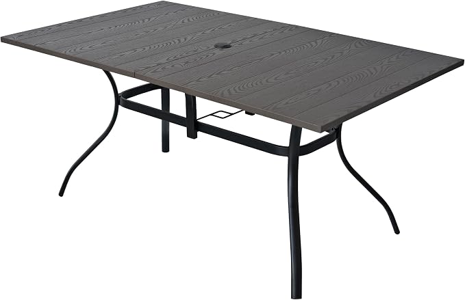 Anmutig Outdoor Rectangle Dining Table 6-Person with 1.57" Umbrella Hole Metal Steel Backyard Bistro Table for Garden, Poolside, Backyard, Brown Top