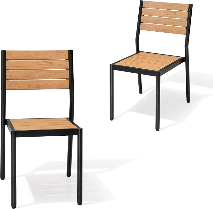 Crestlive Products Stackable Outdoor Dining Chairs Set of 2, All Weather Armless Patio Chairs with Aluminum Frame Woodgrain Seat and Back for Lawn Garden Backyard Deck Porch Yard, Brown
