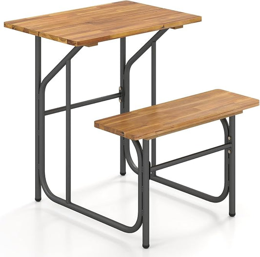 Tangkula Patio Dining Bench Set, Heavy-Duty Outdoor Acacia Wood Dining Furniture with Metal Legs for Balcony, Backyard, Poolside, Garden (1,32” x 27.5” x 29.5”)