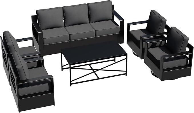 Outdoor Aluminum Furniture Set, 6-Piece Patio Conversation Set, 2 Swivel Chairs, 2 Chairs,1 Sofa and 1 Table, All-Weather Metal Frame, 6" Thick Removable Cushions, Deep Setting for Garden, Porch
