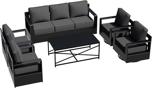 Outdoor Aluminum Furniture Set, 6-Piece Patio Conversation Set, 2 Swivel Chairs, 2 Chairs,1 Sofa and 1 Table, All-Weather Metal Frame, 6" Thick Removable Cushions, Deep Setting for Garden, Porch