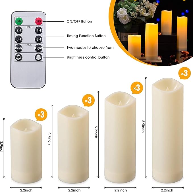 YOROXRG 12 Pack Flameless Candles Battery Operated Waterproof Led Candles (D:2.2" X H:4" 5" 6" 7") Candles with 2 Remotes Contro for Wedding, Party, Birthday