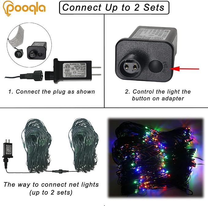 Pooqla Colorful Net Lights, 15x 5ft Christmas Lights Outdoor Green Wire | 300 LED Large Net Mesh Lights Plug in, 8 Modes Waterproof Connectable Multicolor Bushes Lights for Christmas Hedge Yard Decor
