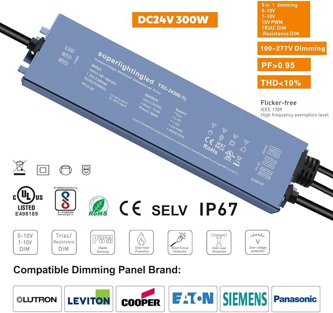 DC24V 300W UL-Listed 0/1-10V & TRIAC Dimmable LED Transformer Drive Waterproof IP67 Outdoor Power Supply for 24V DMX LED Wash Wall Lights(24V 300W 0-10V+Triac)