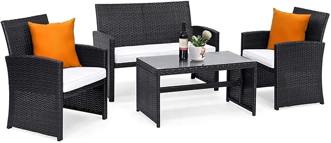 LDAILY LUARANE 4-Piece Rattan Sofa Set w/Soft Weather Resistant Cushions and Tempered Glass Tabletop, Outdoor Patio Furniture Set for Garden, Poolside, Weaving Rattan Conversation Sofa