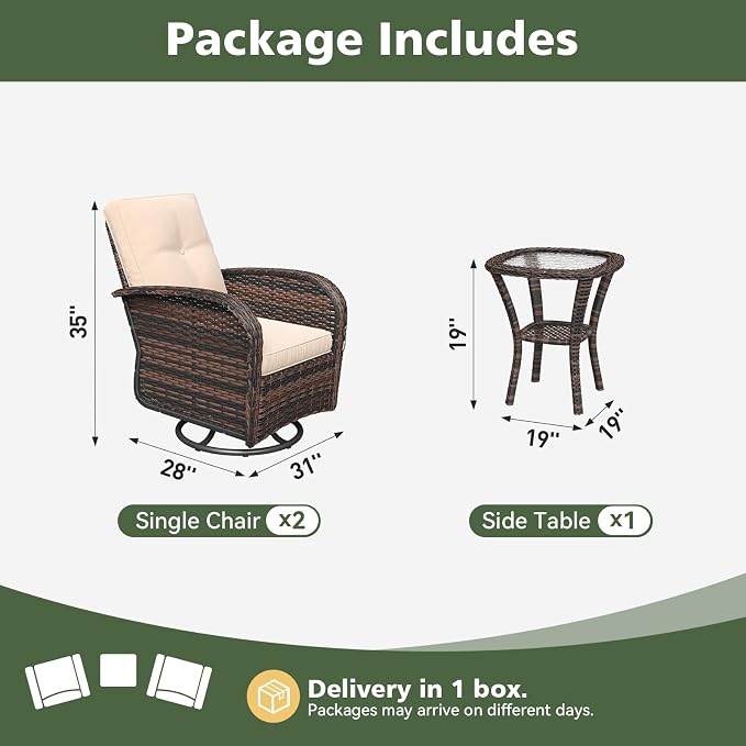 Aoxun 3 Piece Outdoor Patio Furniture Set with Side Table, Outdoor Patio Furniture Sets with High Back Swivel Rocker Chairs, Outdoor Sofa Set with Ottoman for Backyard & Garden, Beige