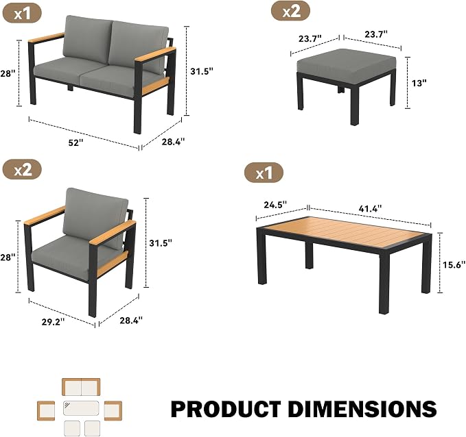 HOMREST Aluminum Outdoor Furniture Set, 6 PCS Metal Oversized Patio Furniture Set with Washable Cushions, Patio Conversation Set with Special Anti-Heat Armrest and Coffee Table, Gray
