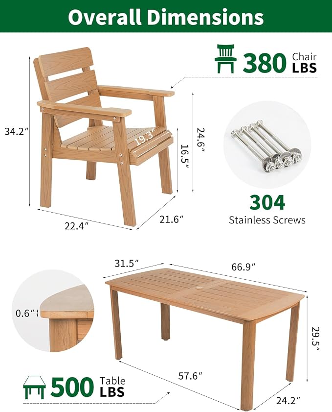 7-Piece Outdoor Dining Set, All-Weather HIPS Patio Table & Chairs for 6, Outdoor Furniture with Umbrella Hole, Ideal for Garden, Poolside, Backyard, Deck, Teak