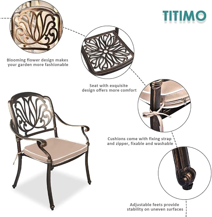 TITIMO 7-Piece Cast Aluminum Patio Dining Set, Outdoor Dining Furniture Patio Conversation Set, Rectangular Table w/Umbrella Hole for Backyard Deck Poolside (Khaki-Fixed Elizabeth Chair, 7 Pcs)