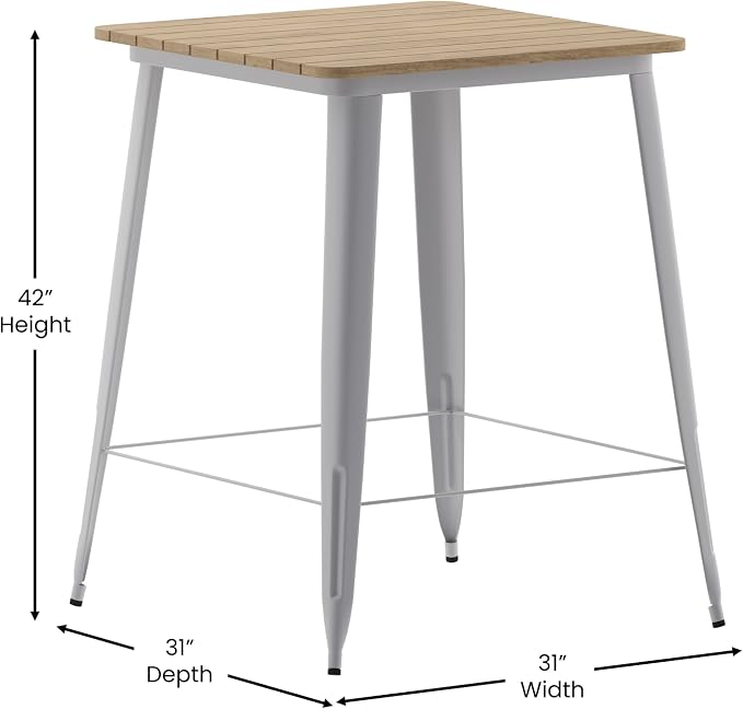 BizChair Commercial Outdoor Dining Table Bar Height, All Weather Poly Resin Top with Steel Base, 31.5" Square, Brown/Silver