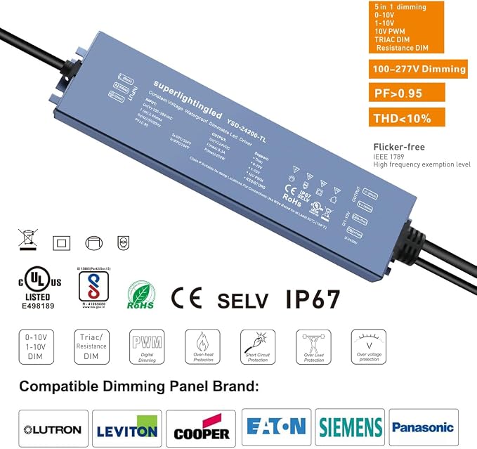 DC24V 200W UL-Listed 0/1-10V and TRIAC Waterproof IP67 Dimmable Power Supply for IP68 Dimming LED Strip Lights, Outdoor Pool 24V LED Underwater, Wash Wall, Use in Water or Soil