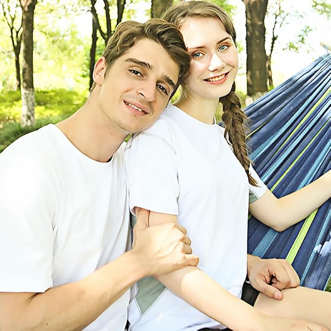 ORFOFE Double Canvas Hammock for Two Adults, Outdoor Travel Hanging Swing with Thickened Wide Blue Canvas, Portable Garden and Camping Hammock Suitable for Patio and Backyard