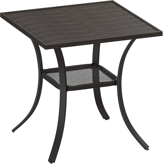 VICLLAX Patio Dining Table, Square Table Metal Outdoor Bistro Table with Rack for Balcony Garden Deck, 28inch Ash Grey