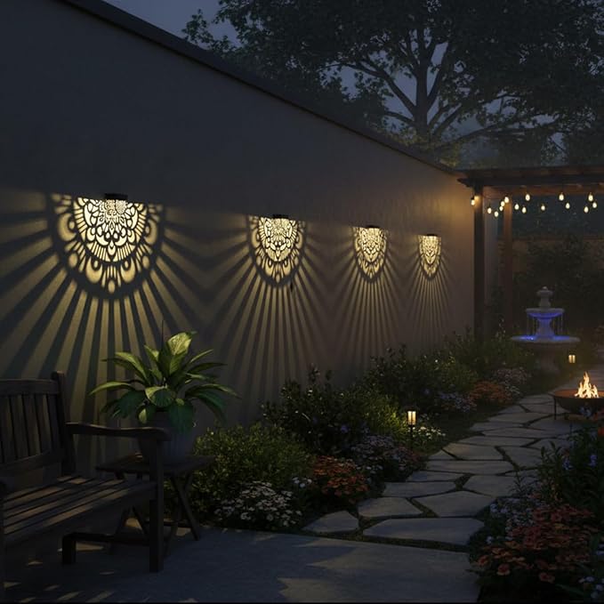 6 Pack Solar Fence Lights Outdoor Wall Lights Black Plastic Solar Powered Deck Step Stair Lights Mandala Theme Waterproof Fence Solar Light for Garden Post Patio Backyard Yard Decor