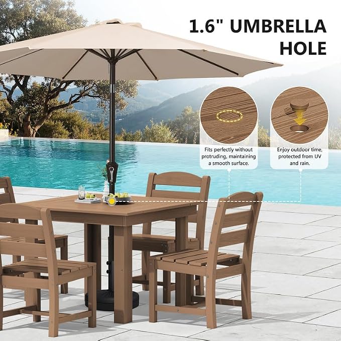 KINGYES 8-Piece HDPE Outdoor Dining Set for 6, Square Patio Table & Armless Chairs with Umbrella Hole, All-Weather Patio Dining Set for Backyard, Garden, Lawn & Poolside, Brown