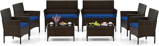 HAPPYGRILL 8 Pieces Outdoor Rattan Conversation Set, Patio Wicker Furniture Set with Loveseat Chairs & Tempered Glass Coffee Table, Outside Sectional Sofa Set for Backyard, Garden Poolside