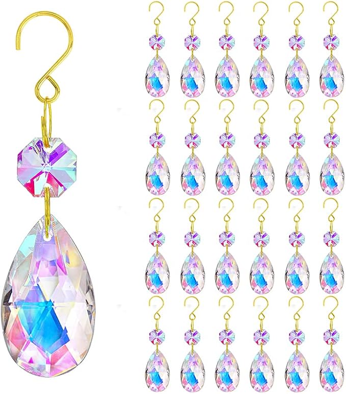 25pcs Crystal Teardrop Chandelier Parts, 38mm Suncatcher Crystal Prisms | Hanging Ornament Chandelier Crystals Rainbow Maker for Windows/Wedding Christmas Tree Decor (Glod Hook+Ring)