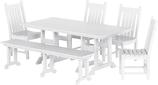 WestinTrends Malibu 6 Piece Outdoor Dining Set with Bench, All Weather Poly Lumber Patio Table and Chairs Set, 71" Trestle Dining Table with Umbrella Hole, 5 Patio Chairs with Bench, White