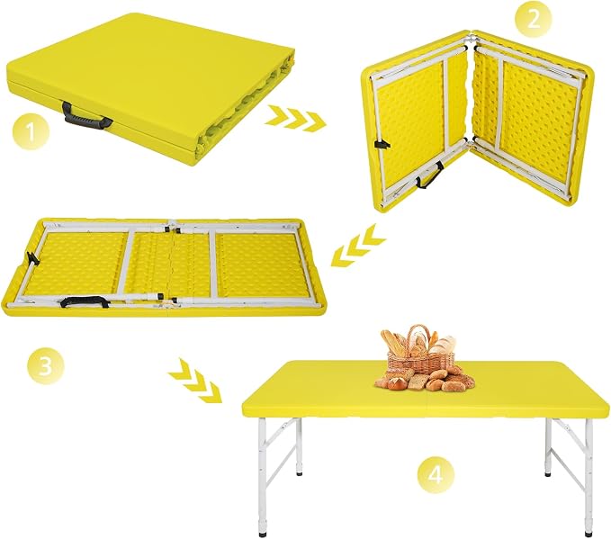 Portable 4Ft Folding Table, Heavy Duty Plastic Fold-in-Half Utility Foldable Table Small, Adjustable Height Plastic Folding Table with Carrying Handle for Camping &Party Indoor/Outdoor(Yellow)