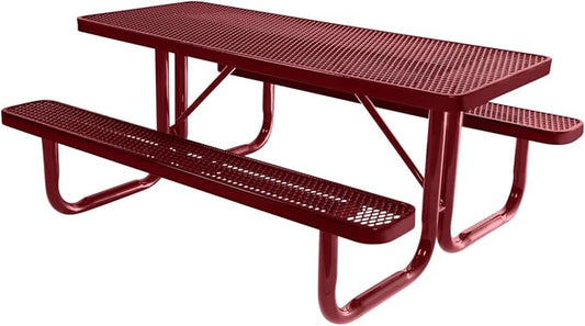 COATEDOUTDOORFURNITURE Heavy-Duty Portable Outdoor Picnic Table, Thermoplastic Coated Expanded Metal Commercial-Grade Patio Furniture Made in America (6ft Rectangular, Burgundy with Burgundy Frames)