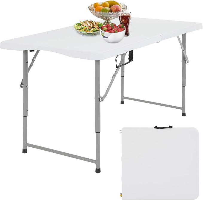 Plastic Folding Table, 4FT, White, Adjustable Height, Indoor/Outdoor, Party Dining, Utility