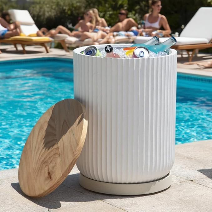 Outdoor Cooler Side Table with Wheels, Patio Table with Stainless Steel Ice Chest Storage Bucket, Designed for use as Party Side Table, Patio Decor for Pool Garden, White