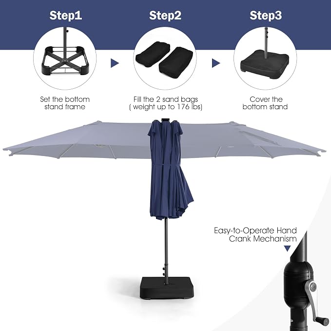 Tangkula 11 Pieces Patio Dining Set with 15ft Double-Sided LED Patio Umbrella (Base Included), Outdoor Rattan Furniture Set with 8 Stackable Chairs, Acacia Wood Dining Table and Umbrella (Navy)
