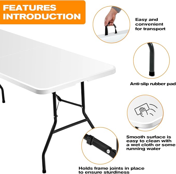 HCY 6 ft Folding Portable Table - White, Modern Design - Picnic, BBQ, Dining, Camping, Wedding - 500 lbs Capacity - Easy to Clean, Indoor/Outdoor Use