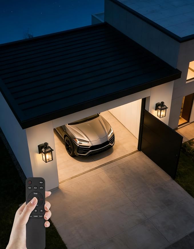 Porch Light with GFCI Outlet and Remote, Motion Sensor, Black, 1 Pack | Dusk to Dawn Motion Sensor Outdoor Light 4 Lighting Modes Exterior Fixture Outside Lights for Porch Garage House