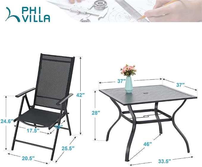 PHI VILLA Outdoor Patio Dining Set with Umbrella, Outside Table and Folding Chair Set for 4 and 1 Large Patio Table Umbrella(Beige)