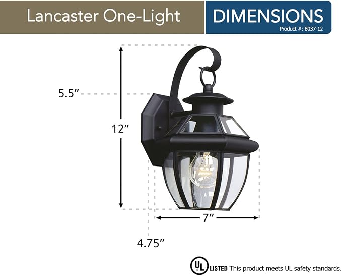 Generation Lighting Lancaster 1-Light 12-Inch Outdoor Wall Lantern in Black | Wet-Rated Brass Wall Lantern with Clear Beveled Glass, Porch Light, Front Porch Decor, or Exterior Lighting Fixture