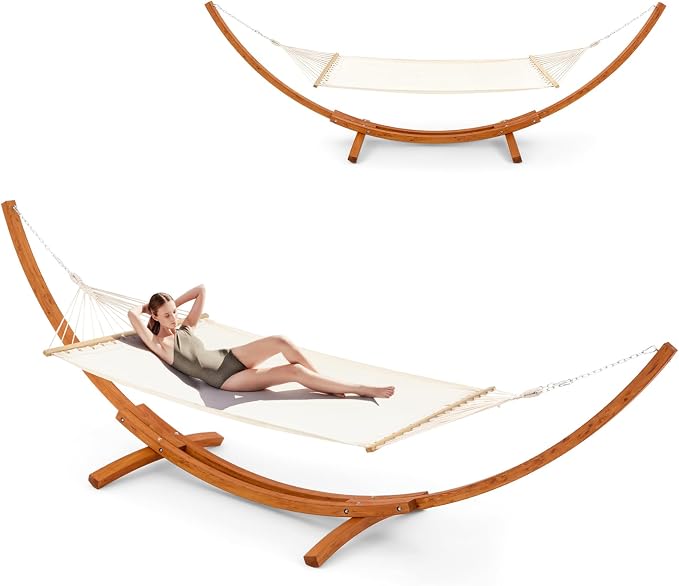 ECOTOUGE 14FT Wooden Double Hammock with Stand 2 Person Heavy Duty, Easy Assemble, Weatherproof Premium Quilted Camping Hammock for Outdoor, Patio(White)
