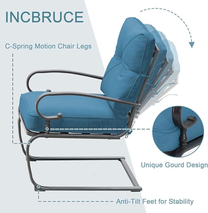 Incbruce 5 Piece Wrought Iron Patio Furniture Set Metal Outdoor Conversation Sets (Loveseat, Coffee Table and Bistro Table, 2 Spring Chair) with Cushion (Peacock Blue)