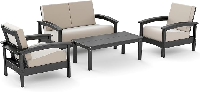 GREENVINES Deluxe 4-Piece Patio Furniture Set | HDPE Plastic | Outdoor Sectional Conversation Sets | All-Weather Couch | Sofa with Coffee Table | Black Frame w/Beige Cushion | for Porch Lawn | Black