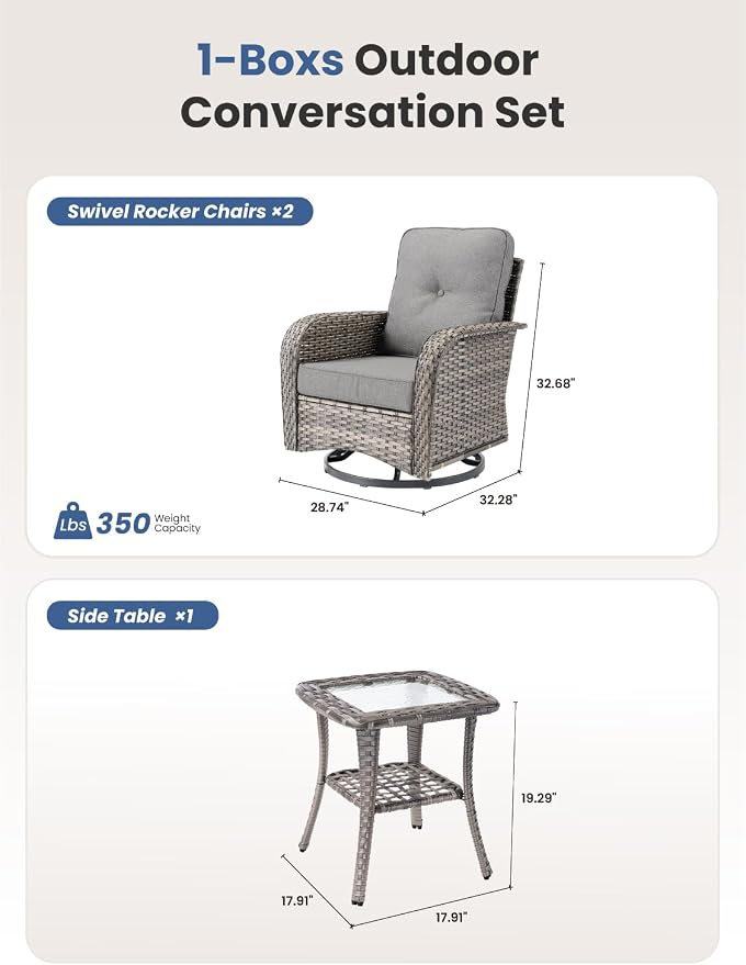 3-Piece Outdoor Patio Furniture Set with Swivel Chairs, Outdoor Conversation Wicker Sofa with Coffee Table, Rattan Couch for Deck Yard Poolside, Dark Grey