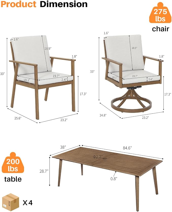 9 Pieces Patio Dining Set for 8, Never-Rust All-Aluminum Outdoor Dining Set with Removable Cushions, Patio Furniture Set with 2 Swivel Chairs, Patio Table and Chairs Set for Deck Yard, Teak