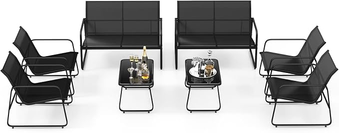 Tangkula 8 Pieces Patio Furniture Set, Outdoor Conversation Set with Tempered Glass Coffee Table, Outdoor Garden Porch Furniture Set with Breathable Fabric and Rustproof Metal Frame (2, Black)