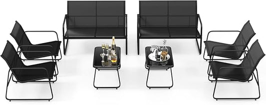 Tangkula 8 Pieces Patio Furniture Set, Outdoor Conversation Set with Tempered Glass Coffee Table, Outdoor Garden Porch Furniture Set with Breathable Fabric and Rustproof Metal Frame (2, Black)