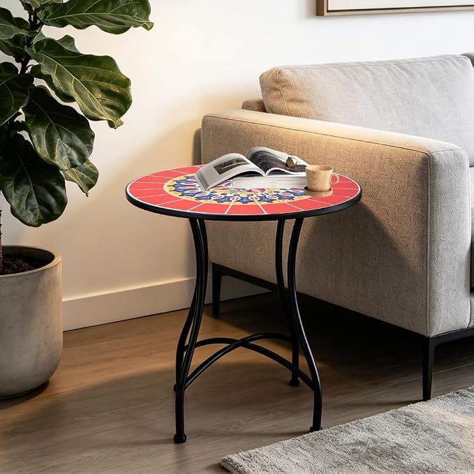 24 Inch Mosaic Patio Round Side Table with X-Curved Legs Indoor and Outdoor Accent End Table for Yard, Garden, Living Room, Bistro, B - Red Mandala