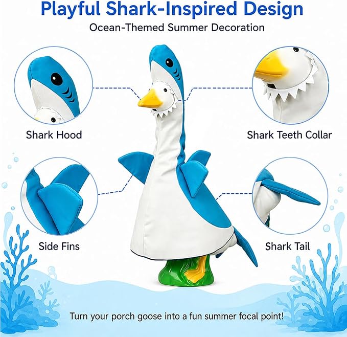 Summer Porch Goose Outfits for Large 23" H Statue Decor, Shark Blue | Costume Set Clothes, For Large Statue Decor, Outdoor Patio Lawn Garden, Plastic Cement Statue Decoration