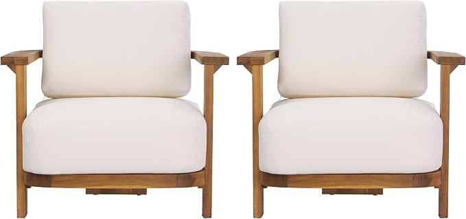 Christopher Knight Home Stella Acacia Wood 4 Piece Patio Furniture Set, Wooden Patio Conversation Set with Club Chair+Coffee Table, 4-Seater Outdoor Loveseat Sofa + Armchair and Table Set, Teak+Beige