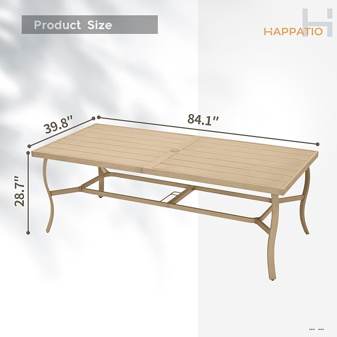 HAPPATIO Outdoor Dining Table for 8, Aluminum Rectangle Outdoor Dining Table with Umbrella Hole, All-Weather Aluminum Patio Dining Table for Garden Yard Poolside, Only Table, Beige