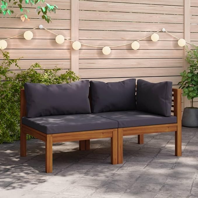 2 Piece Sofa Set with Dark Gray Cushions, Solid Acacia Wood Outdoor Conversation Set Sectional Sofa with Middle Sofa, Corner Sofa for Garden, Patio, Balcony, Backyard,-421