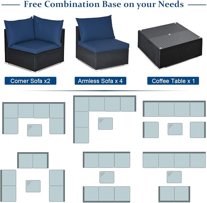 Tangkula 7-Piece Patio Furniture Set, Outdoor Sectional Wicker Sofa with Pillows and Cushions, Conversation Set with Coffee Table & Tea Table for Garden, Lawn (Navy Blue)