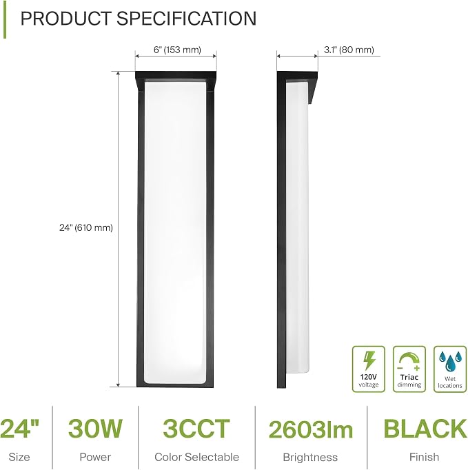 ASD LED 24" Outdoor Wall Light, Front Door House Sconce | 3CCT, Dimmable, Waterproof, ETL Listed | 30W 2600LM 3000-5000K 100-277V | Exterior Patio Lighting Fixture, Porch Lamp | Black, 4 Pack
