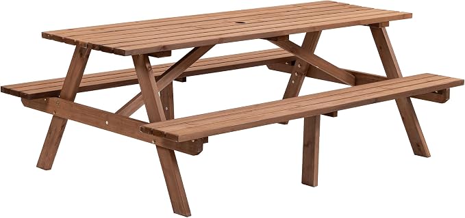 KEIKI 8-Person Wooden Picnic Table, Outdoor Camping Dining Table with 2 Built-in Benches, Patio Table with Umbrella Hole for Backyard, Garden, Camping, 2220lb Capacity, Brown